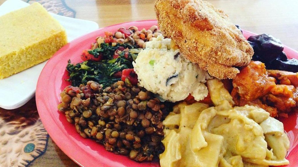 vegan soul food, soul food, mac and cheese, fried tofu, collard greens, corn bread